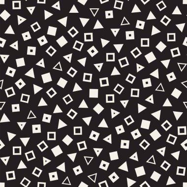 Kusursuz kaotik şablonlar. Rastgele dağılmış geometrik şekiller. Soyut retro arkaplan tasarımı