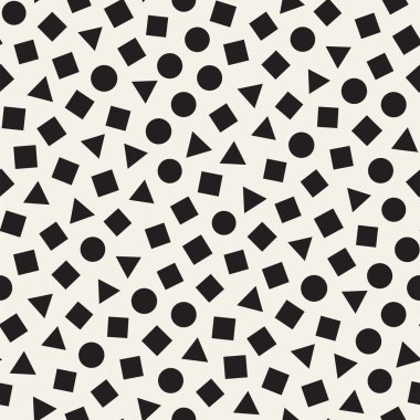 Kusursuz kaotik şablonlar. Rastgele dağılmış geometrik şekiller. Soyut retro arkaplan tasarımı