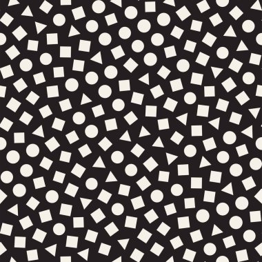 Kusursuz kaotik şablonlar. Rastgele dağılmış geometrik şekiller. Soyut retro arkaplan tasarımı