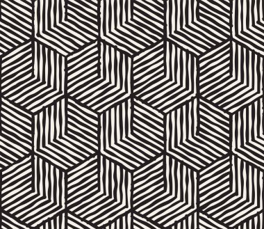 El çekilmiş siyah beyaz mürekkep çizgili seamless modeli. Vektör kafes doku. Tek renkli fırça darbeleri satırları arka plan