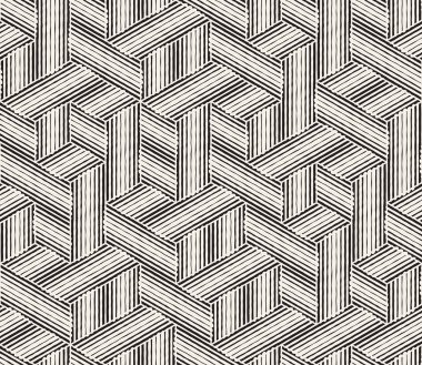 El çekilmiş siyah beyaz mürekkep çizgili seamless modeli. Vektör kafes doku. Tek renkli fırça darbeleri satırları arka plan