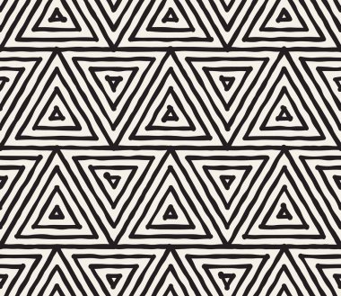 El çekilmiş siyah beyaz mürekkep çizgili seamless modeli. Vektör kafes doku. Tek renkli fırça darbeleri satırları arka plan