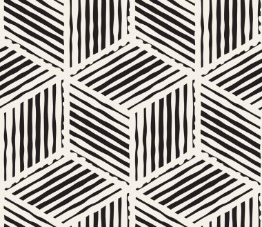 El çekilmiş siyah beyaz mürekkep çizgili seamless modeli. Vektör kafes doku. Tek renkli fırça darbeleri satırları arka plan