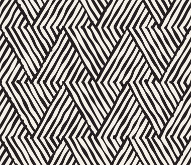 El çekilmiş siyah beyaz mürekkep çizgili seamless modeli. Vektör kafes doku. Tek renkli fırça darbeleri satırları arka plan