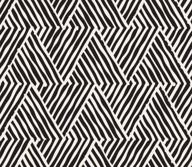 El çekilmiş siyah beyaz mürekkep çizgili seamless modeli. Vektör kafes doku. Tek renkli fırça darbeleri satırları arka plan