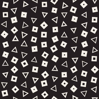 Kusursuz kaotik şablonlar. Rastgele dağılmış geometrik şekiller. Soyut retro arkaplan tasarımı