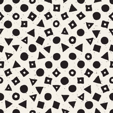 El çekilmiş siyah beyaz mürekkep soyut seamless modeli. Vektör şık grunge doku. Dağınık geometrik şekiller boya fırça satırları