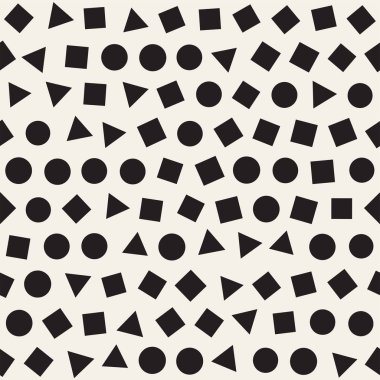 Kusursuz kaotik şablonlar. Rastgele dağılmış geometrik şekiller. Soyut retro arkaplan tasarımı