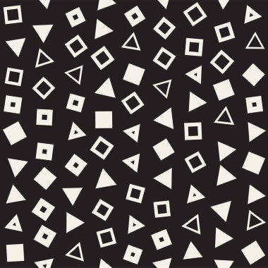 Kusursuz kaotik şablonlar. Rastgele dağılmış geometrik şekiller. Soyut retro arkaplan tasarımı