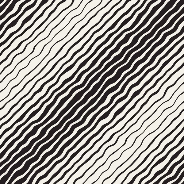 Vektor sömlös svart och vit hand ritade diagonala vågiga linjer mönster. Abstrakt Frihand bakgrund Design — Stock vektor