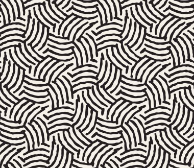 El çekilmiş siyah beyaz mürekkep çizgili seamless modeli. Vektör kafes doku. Tek renkli fırça darbeleri satırları arka plan