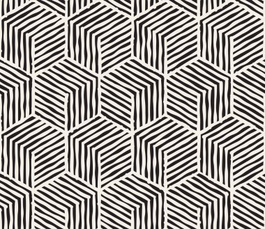 El çekilmiş siyah beyaz mürekkep çizgili seamless modeli. Vektör kafes doku. Tek renkli fırça darbeleri satırları arka plan