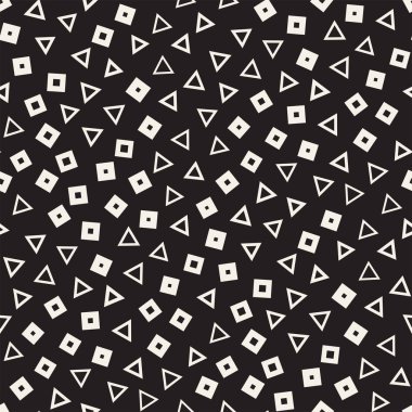 Kusursuz kaotik şablonlar. Rastgele dağılmış geometrik şekiller. Soyut retro arkaplan tasarımı