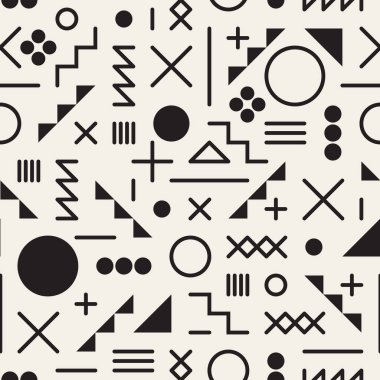 Vektör sorunsuz siyah ve beyaz Retro 80 's karmakarışık geometrik çizgi şekilleri Hipster deseni