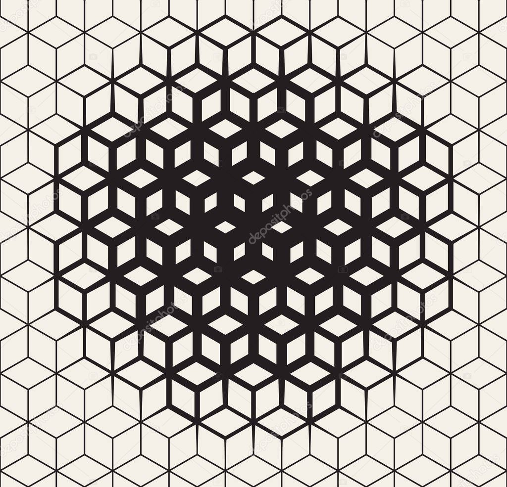 Vector Seamless Black And White  Geometric Cube Shape Lines Halftone Grid Pattern Fading Towards the Center