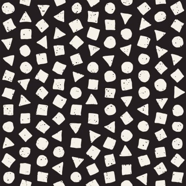 El çekilmiş siyah beyaz mürekkep soyut seamless modeli. Vektör şık grunge doku. Tek renkli geometrik dağınık şekiller