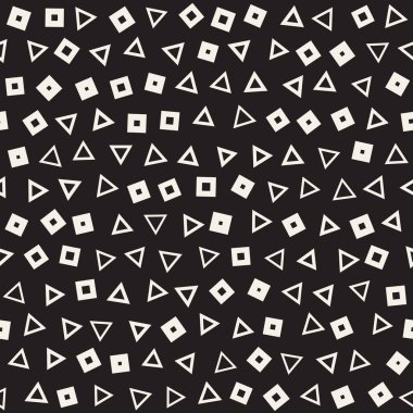 Kusursuz kaotik şablonlar. Rastgele dağılmış geometrik şekiller. Soyut retro arkaplan tasarımı