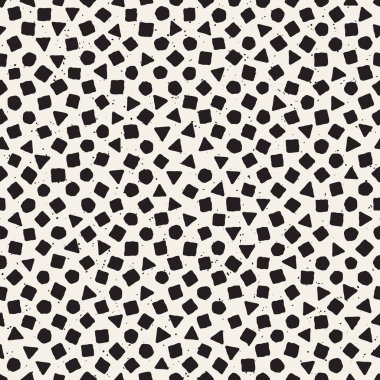 El çekilmiş siyah beyaz mürekkep soyut seamless modeli. Vektör şık grunge doku. Tek renkli geometrik dağınık şekiller