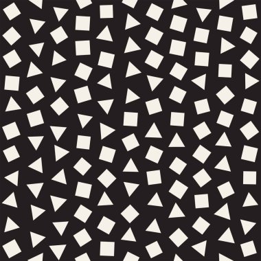 Kusursuz kaotik şablonlar. Rastgele dağılmış geometrik şekiller. Soyut retro arkaplan tasarımı