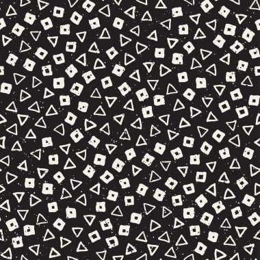 El çekilmiş siyah beyaz mürekkep soyut seamless modeli. Vektör şık grunge doku. Tek renkli geometrik dağınık şekiller