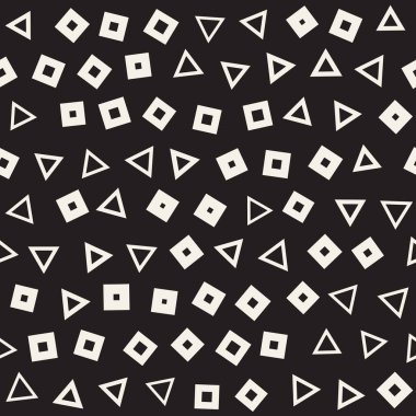 Kusursuz kaotik şablonlar. Rastgele dağılmış geometrik şekiller. Soyut retro arkaplan tasarımı