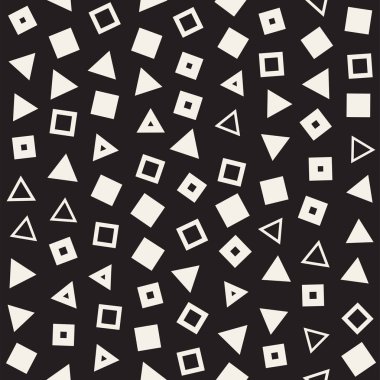 Kusursuz kaotik şablonlar. Rastgele dağılmış geometrik şekiller. Soyut retro arkaplan tasarımı