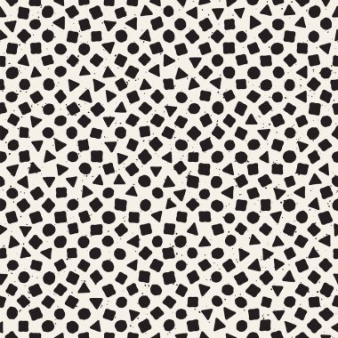 El çekilmiş siyah beyaz mürekkep soyut seamless modeli. Vektör şık grunge doku. Tek renkli geometrik dağınık şekiller