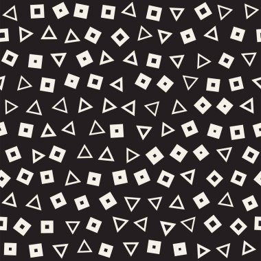 Kusursuz kaotik şablonlar. Rastgele dağılmış geometrik şekiller. Soyut retro arkaplan tasarımı