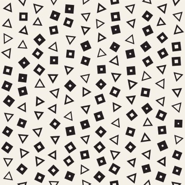 Kusursuz kaotik şablonlar. Rastgele dağılmış geometrik şekiller. Soyut retro arkaplan tasarımı