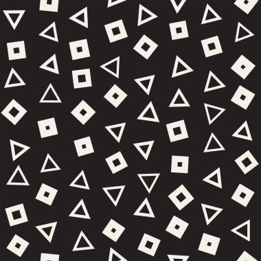 Kusursuz kaotik şablonlar. Rastgele dağılmış geometrik şekiller. Soyut retro arkaplan tasarımı