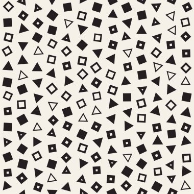 Kusursuz kaotik şablonlar. Rastgele dağılmış geometrik şekiller. Soyut retro arkaplan tasarımı