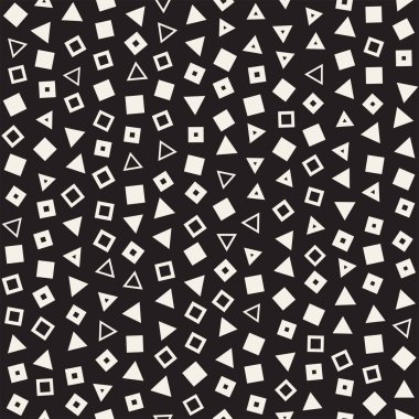 Kusursuz kaotik şablonlar. Rastgele dağılmış geometrik şekiller. Soyut retro arkaplan tasarımı