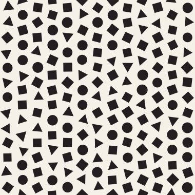 Kusursuz kaotik şablonlar. Rastgele dağılmış geometrik şekiller. Soyut retro arkaplan tasarımı