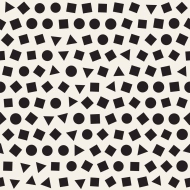 Kusursuz kaotik şablonlar. Rastgele dağılmış geometrik şekiller. Soyut retro arkaplan benzetim tasarımı