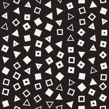 Kusursuz kaotik şablonlar. Rastgele dağılmış geometrik şekiller. Soyut retro arkaplan tasarımı