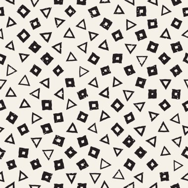 El çekilmiş siyah beyaz mürekkep soyut seamless modeli. Vektör şık grunge doku. Tek renkli geometrik dağınık şekiller