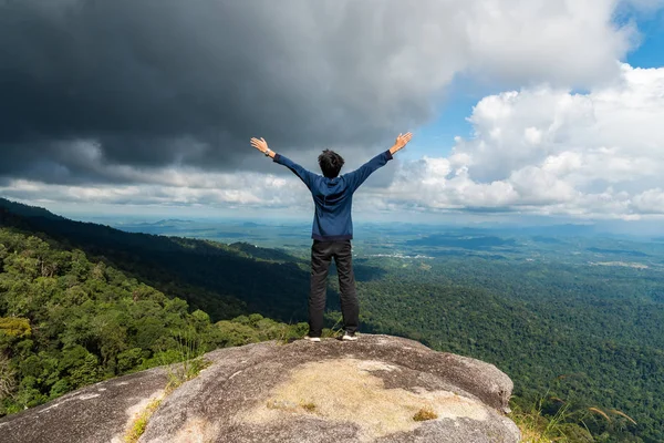 Молодой успешный человек с распростертыми объятиями на вершине горы над лесом — стоковое фото