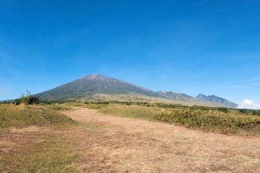 Rinjani dağın ve savannah alan açık mavi gökyüzü ile
