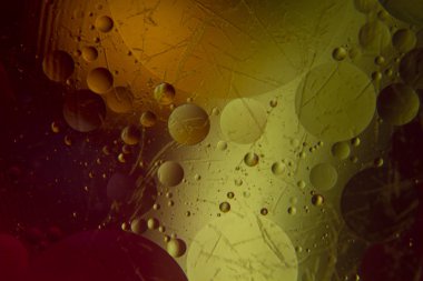 Suda daireler ve yağ kabarcıkları var. Yakın plan.