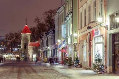 Sokağın Tallinn Estonya gece görünümü