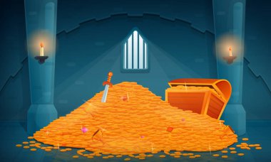 İçi altın ve mücevherle dolu eski bir şatoda hazinenin içinde.