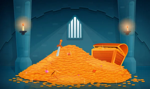 İçi altın ve mücevherle dolu eski bir şatoda hazinenin içinde.