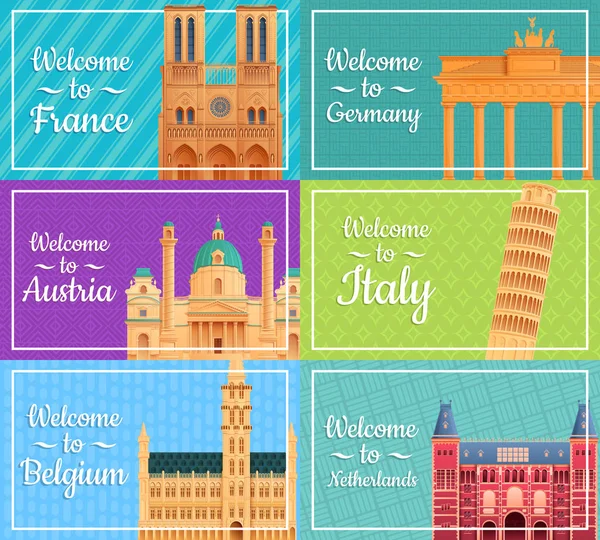 Turistakártyák gyűjteménye a különböző európai országok nevezetességeivel — Stock Vector