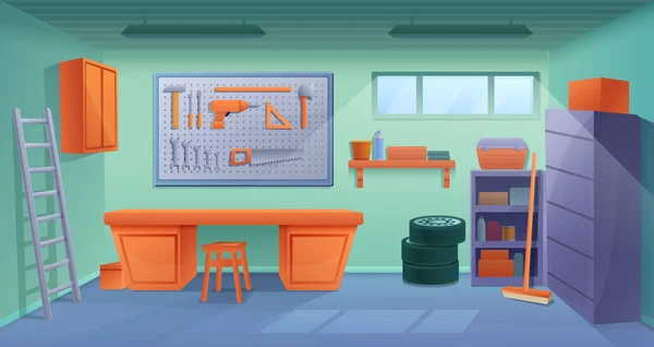 Taller de dibujos animados garaje interior con herramientas y muebles, vecto — Vector de stock