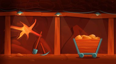 interior of an old cartoon mine with gold and mining tools, vector illustration clipart