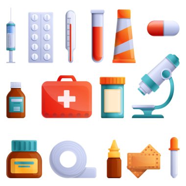 Tıp teması, vektör illüstrasyonu üzerine çizgi film simgeleri