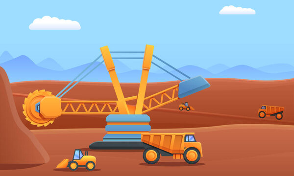 Cartoon mining digger dump truck and excavator working in a quarry, vector illustration