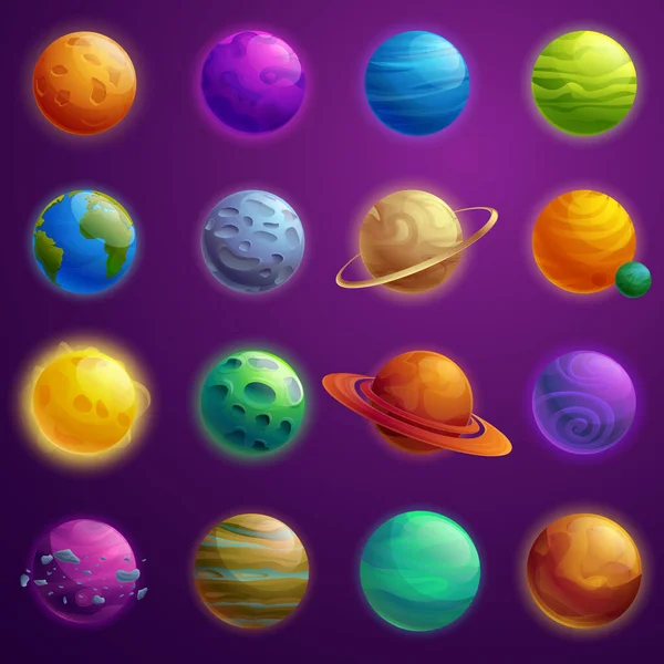 Conjunto Belos Ícones Desenhos Animados Planetas Universo Vector Illustratio — Vetor de Stock