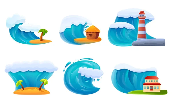 Tsunami Vlny Karikatury Ikony Sada Vektorové Ilustrace — Stockový vektor