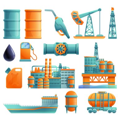 Petrol üretimi ve rafinerisi, vektör illüstrasyonu temalı karikatür simgeleri